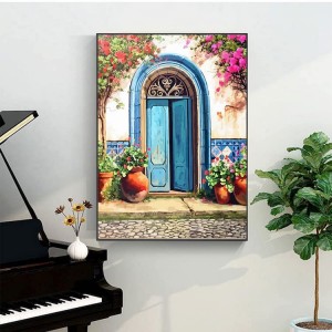 BA-011 Pintura DIY por número para adultos e crianças, tinta acrílica Amphol por números para iniciantes, 16 "L x 20" L Pintura a óleo fácil para decoração de parede de casa de presente (porta azul)