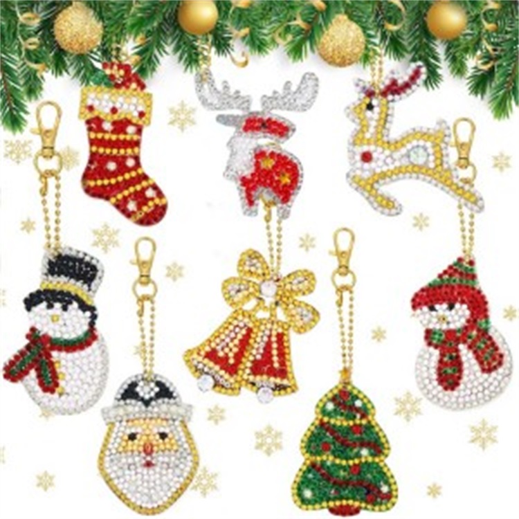 8 Pieces Christmas DIY Diamond Key Chain 5D Diamond Painting