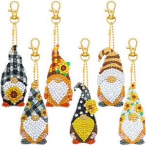 BA-811 6 Pack Diamond Painting Keychains Kit Alizeti Gnome Spring Garden Summer Farmhouse Buffalo Plaid Sunflower Elf 5D DIY Diamond Painting Spring Summer Gnome kwa Kompyuta Watoto Wazima (Sunflo...