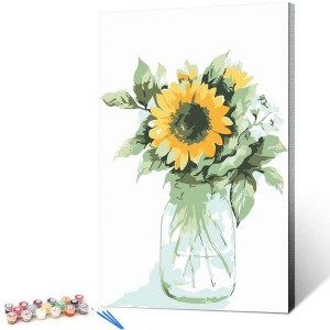 BA-012 Paint by Numbers for Adults Beginner & Kids Ages 8-12 with Wooden Frame Easy Acrylic on Canvas 9×12 inch with Paints and Brushes, Vase Sunflower