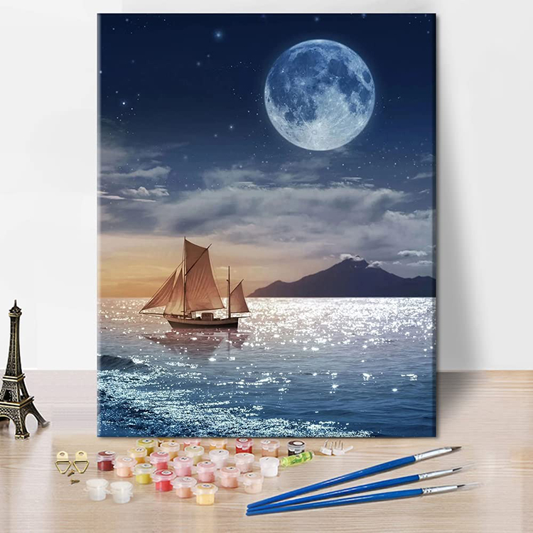 China wholesale Masterpiece Paint By Numbers Factories –  VPBN-001 Sino Crafts- Sailboat on The Sea Paint by Number DIY design for Wall Decor Moon for Adults – JS Crafts