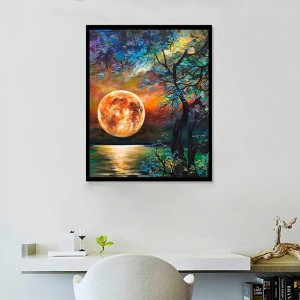 Ngjyra Liqene dhe pemë të hënës së heshtur të natës, dizajn peizazhi, pikturë DIY sipas numrave për dekorim