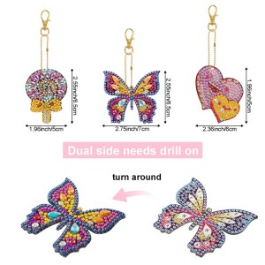 BA-815 9DB gyémántfestő kulcstartó készletek, 5D mozaikkészítő készlet gyerekeknek és felnőtteknek, Butterfly Love Heart Pendant Art Craft kulcskarika telefonbűvös táska dekoráció, ajándék, kulcstartó lila