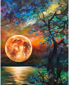 Couleur silencieuse nuit lune lacs et arbres paysage design peinture à la main par numéros pour la décoration