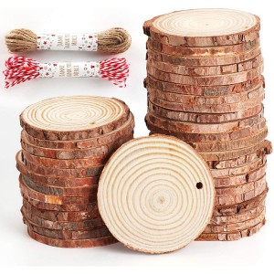 VWS-002 Unfinished wood pieces 50 pieces 6.1cm – 7.1cm natural wood rounds with pre-drilled holes and 66ft string for Christmas craft decorations party wedding decorations