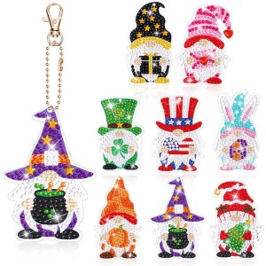 BA-812 12 Pcs Holiday Gnomes Diamond Painting Kits Keychain, 5D DIY Gnome Diamond Art Keychains Double Sided Gnome Diamond Painting Rhinestone Painting Accessories Decorative for Kids Adults Backpa...