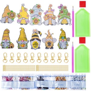 BA-803 10 Pack စိန်ပန်းချီသော့ချိတ် အရွယ်ရောက်ပြီးသူများအတွက် DIY စိန်ပန်းချီကားချပ်များ Bee Sunflowers Gnomes သော့ချိတ်
