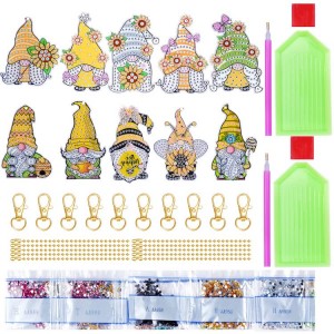 BA-803 10 Pob Pob Zeb Diamond Painting Keychain DIY Pob Zeb Diamond Painting Khoom siv rau cov neeg laus Beginners Bee Sunflowers Gnomes Keychain