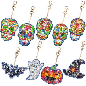 BA-814  9 Pieces Halloween 5D DIY Diamond Painting Keychain, Double Sided Painting Keychain Skull Ghost Pumpkin Bat Diamond Painting Key Chains for DIY Crafts, Phone Straps, Day of The Dead Party F...