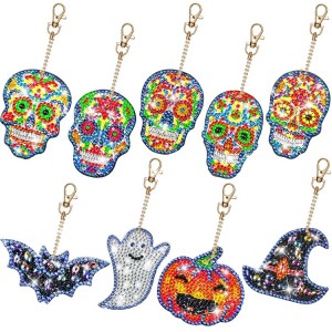 BA-814 9 peças Halloween 5D DIY chaveiro com pintura de diamante, chaveiro com pintura dupla face Caveira Fantasma Abóbora Morcego Chaveiros com pintura de diamante para artesanato DIY, alças de telefone, festa do dia dos mortos F...