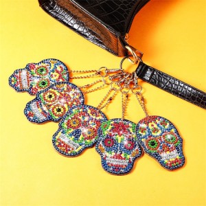 BA-814 9 Pieces Halloween 5D DIY Diamond Painting Keychain, Double Sided Painting Keychain Skull Ghost Pumpkin Bat Diamond Painting Zencîreyên Key ji bo Pîşesazên DIY, Kemberên têlefonê, Favoriya Day of The Dead Party