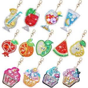 BA-802 13 Pieces 5D Diamond Painting Kit Keychain Sets, Double Sided DIY Handmade Mosaic Full Drill Stick Paint with Diamonds for DIY Craft Bag Decor, Phone Straps and Key Ring, Fruits Ice Cream Dr...