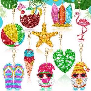 BA-807 10 Pcs Summer Diamond Painting Keychains Kit Beach Gnome 5D DIY Diamond Painting Kits kwa Oyamba Akuluakulu Flamingo Gnome Keychain Farmhouse Watermelon Painting ya Ana