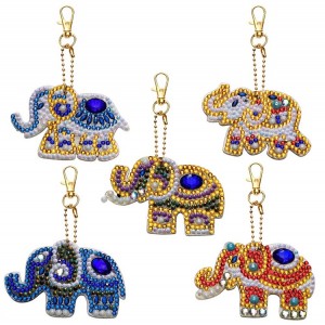 BA-819 5pcs DIY 5D Full Drill Diamond Painting Key Chain by Number Kit Mosaic Making Double-Sided Drill Pendant Crystal Rhinestones Keychain Bag Charms Gift (Elephant)