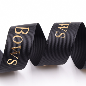 Cinta de regalo de cinta de grosgrain de grano bruto de seda negra impresa en lámina de oro 3D con marca de logotipo en relieve