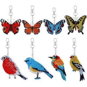 BA-801 8 Pcs Diamond Art Keychains Diamond Painting Keychains Kids Arts and Crafts 5D Diamond Painting Kits Gem Art Diamond Keychains for Boys Girls Ages 8-12 DIY Gift Birthday Party Favors (Bird Butterfly)